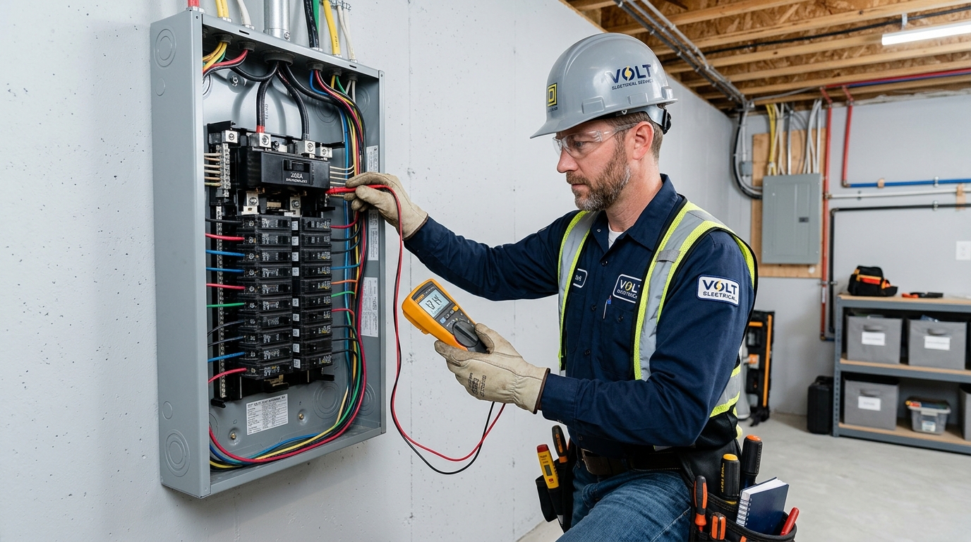 SMM Electric licensed electrician inspecting a 200 amp electrical panel upgrade in an Ajax home